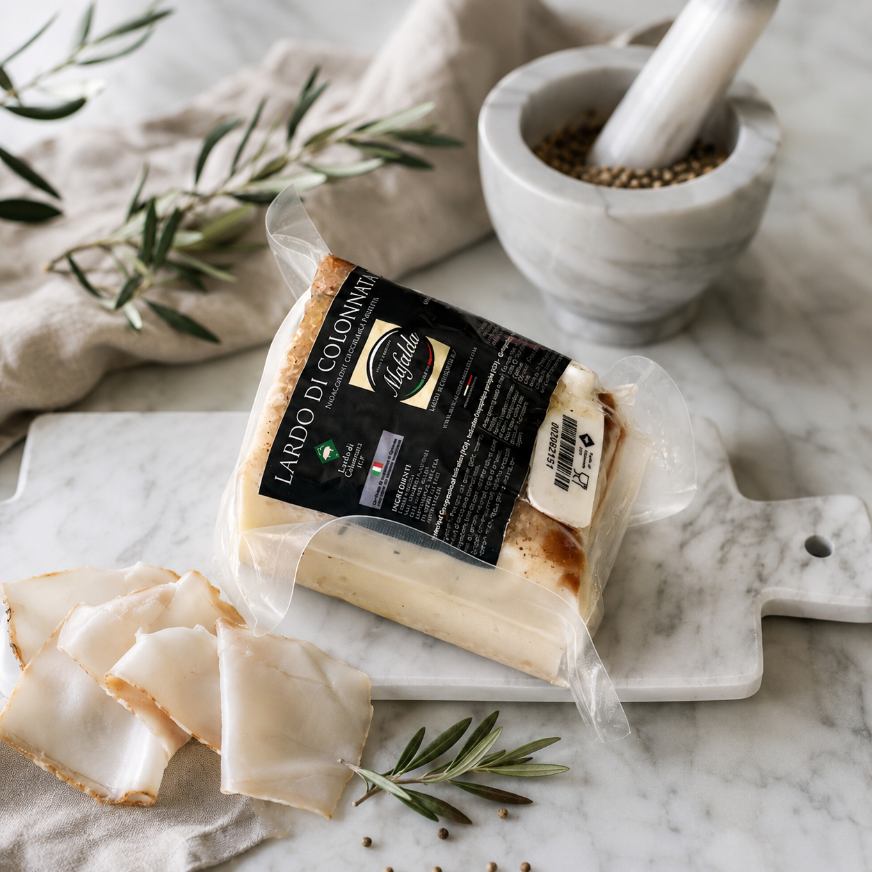 Tagliere in Marmo di Carrara a Due Manici con Lardo di Colonnata IGP